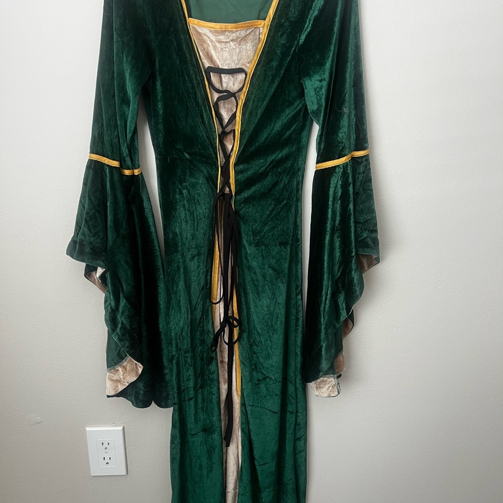 Green Velvet Medieval Dress with Gold Accents